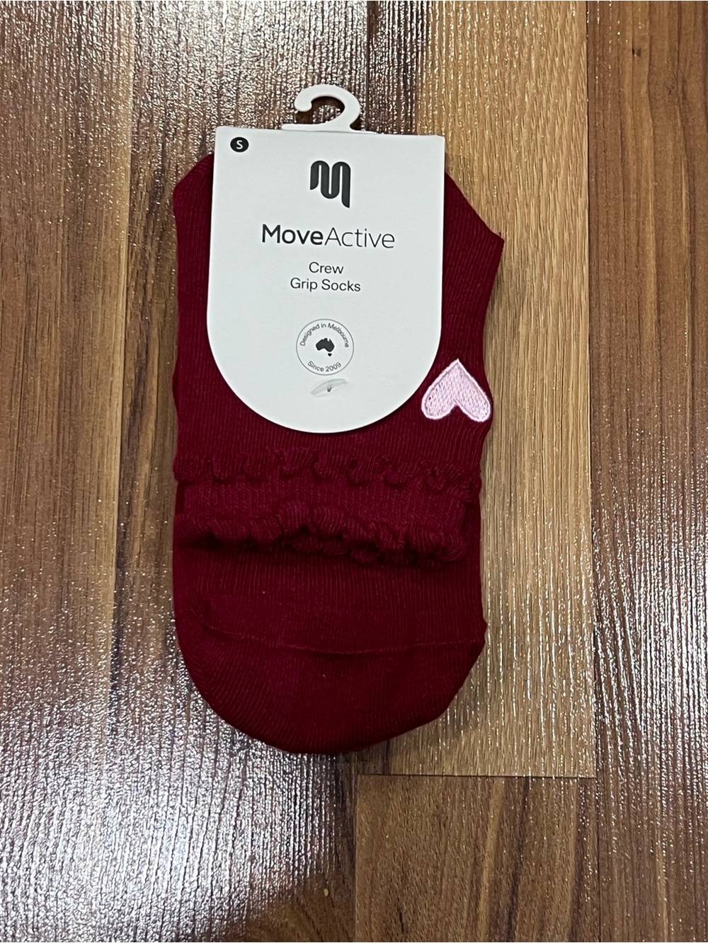 Women's Maroon Crew Pilates Grip Socks with Pink Heart Accent